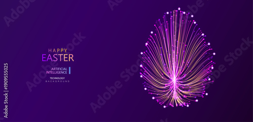 Easter egg abstract card with particles neon lines in purple and yellow tones. Concept of modern technology easter holiday design. Vector illustration.