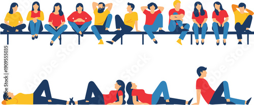 Flat vector illustration of diverse people sitting on a long bench and lying on the floor in various relaxed poses.