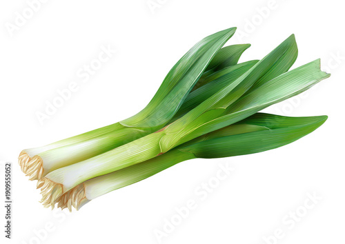 Three fresh leeks, realistically depicted with detailed green leaves and white root ends, on a black backdrop