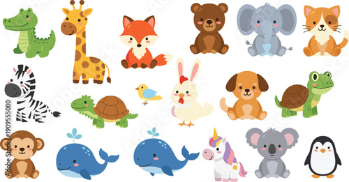 Cute baby animals set with giraffe elephant fox zebra whale koala and unicorn