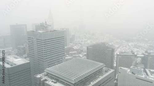 東京都庁展望台からの眺め。雪が降る東京。
