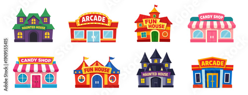Arcade and fun house buildings collection. Colorful entertainment venues in flat style. Urban leisure architecture icons