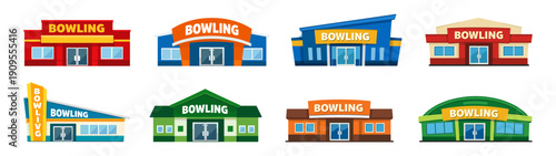Bowling center buildings collection. Entertainment venues in flat style. Colorful urban leisure architecture icons