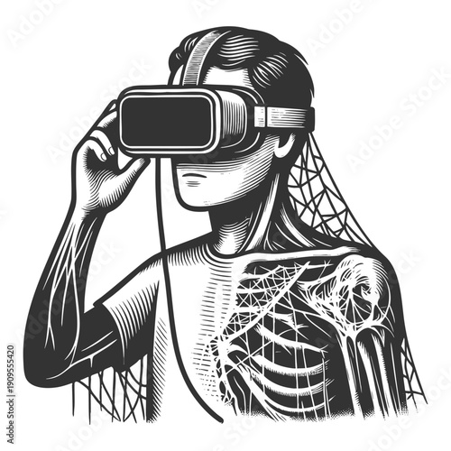 man wearing VR goggles, with half his body transforming into a digital skeleton structure sketch engraving generative ai vector illustration. Scratch board imitation. Black and white image.