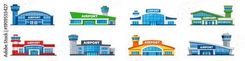 Airport terminal buildings collection. Modern city transport architecture. Flat colorful public infrastructure icons