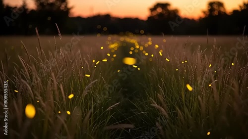 Fireflies in Field at Sunset or Dusk.