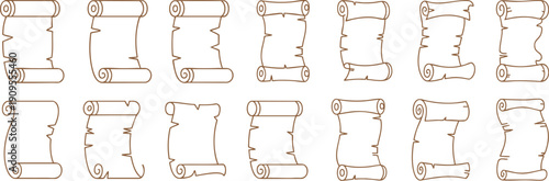 Various stylized  ancient scroll icon collection, line art style for vector icons, scroll unique shape with curled edges or templates vector style.
