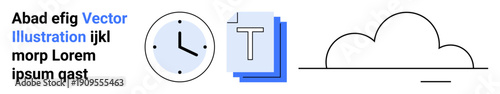 Time management, data sharing, document editing, cloud storage, online communication, digital trends. Clock, text layers and cloud outline visible. Time management and data-sharing concept