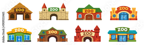 Zoo entrance buildings collection. Themed animal park architecture icons. Flat colorful city attraction facades