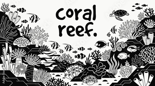 underwater ocean coral reef landscape with tropical marine wildlife and colorful fish in black and white sea environment representing deep aquatic nature ecosystem exploration and diving