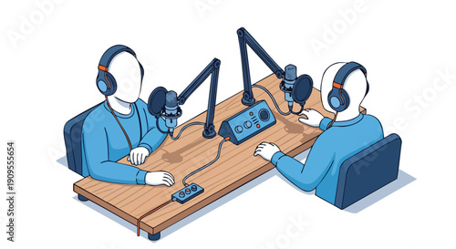 Podcast Recording Studio. Two People Interviewing. Isometric Illustration. Online Broadcast.