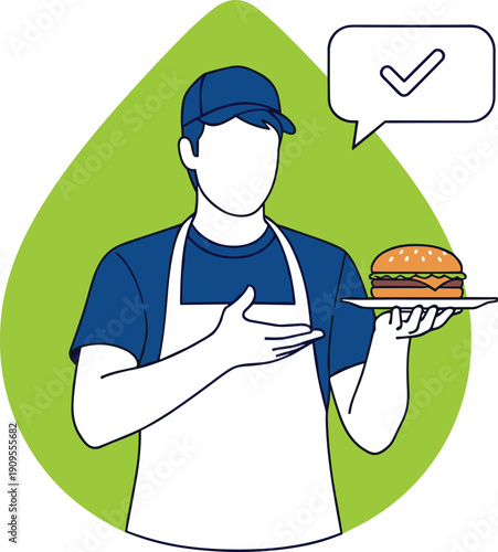 Modern, food delivery service worker holding burger, fast food restaurant concept illustration with approval checkmark, online ordering takeaway app design