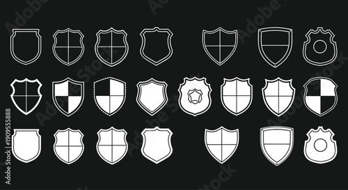 Large collection of shield icons and heraldic crest shapes, including outline, solid, and checkered designs, vector security symbols, protection and defense emblems.
