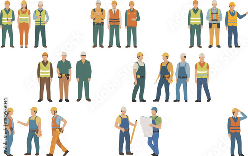 Construction workers character set, builders engineers team illustration, industrial labor vector isolated flat design collection for construction industry projects