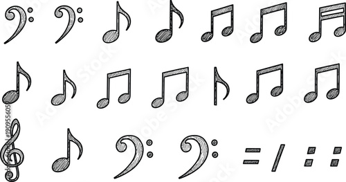 Hand drawn music notes symbols set with treble clef bass clef and rhythm