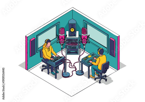 Recording Studio. Music Production Scene. Isometric Pixel Art. Vector Illustration. Creative Content.