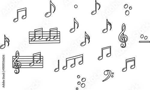 Music notes doodle set with treble clef staff and musical symbols outline