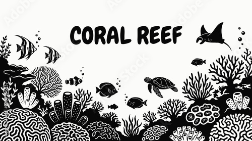 underwater ocean coral reef landscape with tropical marine wildlife and colorful fish in black and white sea environment representing deep aquatic nature ecosystem exploration and diving