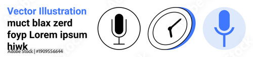 Audio recording, voice recognition, time management, podcasting, digital tools, scheduling. A set of microphone and clock icons with a blue accent. Audio recording and voice recognition