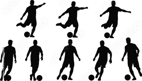 Soccer player silhouettes set, football action poses, dribbling kicking athletes, sports vector illustration