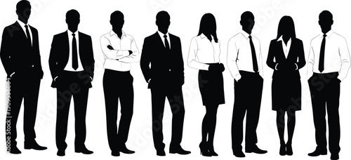 Large set of business professional silhouettes in various poses, group of men and women in formal office attire isolated on white vector.