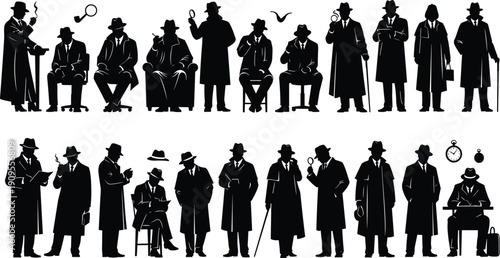 Vintage detective men silhouette collection, classic noir gentlemen poses, retro mystery character vector illustration