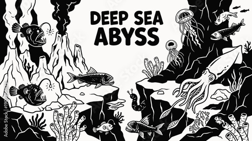 underwater ocean deep sea abyss landscape with marine wildlife in dark blue aquatic environment representing extreme nature ecosystem exploration and deep diving