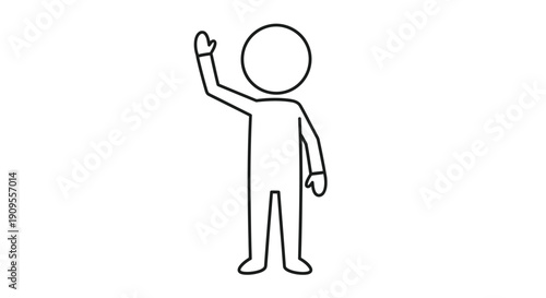 Simple outline stick figure person waving hand in a friendly greeting gesture, isolated white background.
