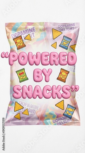 Colorful snack themed poster with powered by snacks text, playful dopamine delight icons for youth marketing, fun pop art vibe for World Mental Health Day