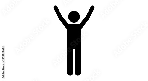Simple black stick figure person raising both arms in the air, expressing celebration or success, isolated white background.