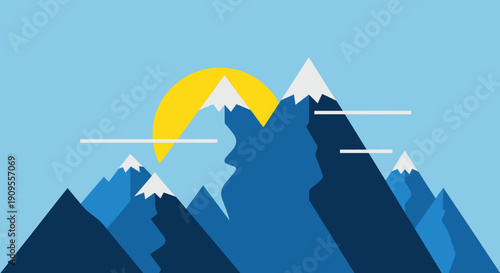 Flat design stylized mountain landscape with snowy peaks under a bright yellow sun in a blue sky.