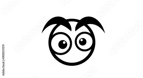 Black and white cartoon face with big round eyes and quirky hair, conveying surprise or curiosity, isolated white background.