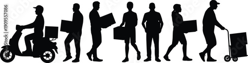 Delivery workers silhouettes set, courier with scooter boxes and hand truck, logistics shipping service concept isolated on white background collection
