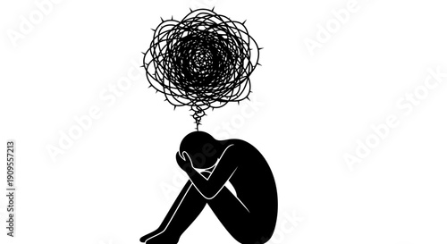 Silhouette of a Person Sitting in Distress with Tangled Thoughts Above Head, Symbolizing Confusion and Mental Burden on an Isolated White Background
