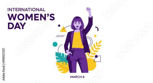 Empowered Woman Raising a Fist for International Women's Day on March 8, Advocating for Women's Rights