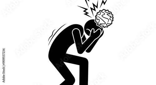 Silhouette of a Person Holding Head in Stress with Crumpled Paper Ball, Symbolizing Mental Block or Headache, on an Isolated White Background