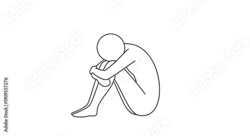 Outline of a Person Sitting in Despair with Head in Hands, Expressing Sadness and Anxiety, on an Isolated White Background
