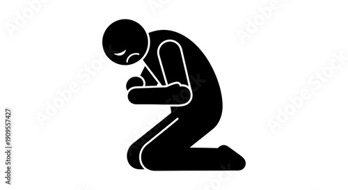 Silhouette of a Person Kneeling with Hands Clasped in Prayer or Deep Contemplation on Isolated White Background