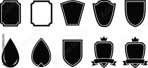 Shield badge emblem silhouettes set, vintage logo frames labels, heraldic crest shapes vector collection