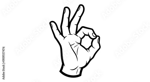 Hand Making OK Gesture Thick Outline, Distinctive Drawing of Approval Symbol, Clear Positive Feedback, isolated white background.