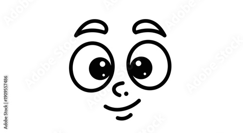 Cartoon Happy Face Outline, Expressive Eyes and Gentle Smile, Playful Character Drawing, isolated white background.