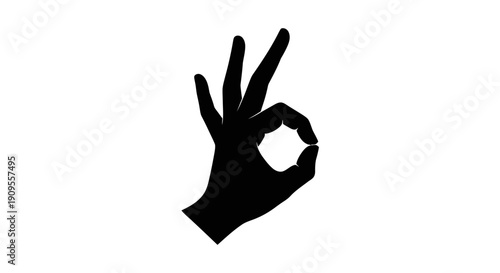 Hand Making OK Gesture Solid Black Silhouette, Approval and Agreement Icon, Positive Communication Symbol, isolated white background.