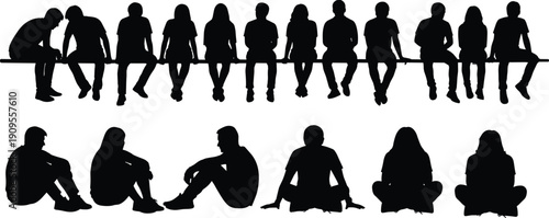 Large set of people silhouettes sitting on floor and bench, group of diverse men and women resting in casual poses, isolated vector collection.