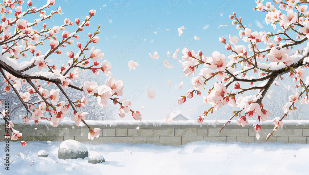 Fototapeta premium 雪の庭で向かい合う二枝の白梅が語り合う冬景