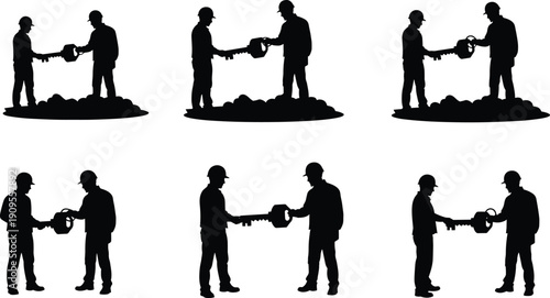 Construction workers silhouette, teamwork collaboration, handing tools, industrial safety, hard hats, engineering task, valve exchange, building site, labor cooperation, black illustration