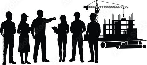 Construction workers, engineering teamwork, project planning, safety helmets, building site, crane background, teamwork discussion, industrial 