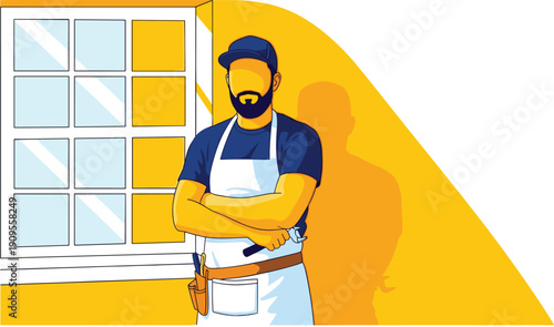 Professional handyman illustration, skilled construction worker standing confidently, home repair service concept, maintenance technician, flat vector design, modern, yellow, background