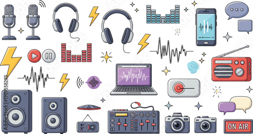 Podcast and audio streaming icon set with microphones, headphones, waveforms, speakers, radio and on air sign