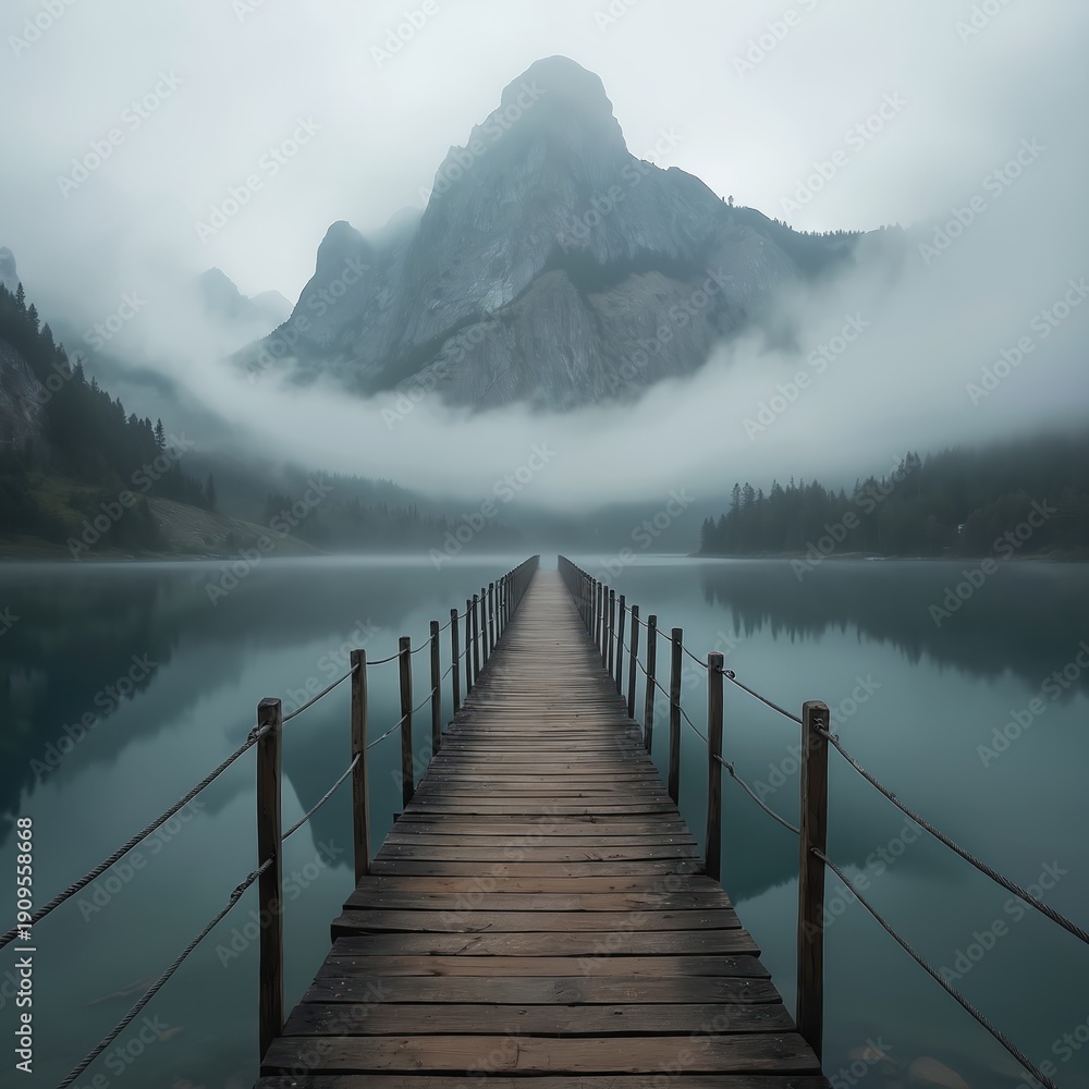 Fototapeta premium Wooden pier stretches across calm water toward misty mountain peak. Evergreen trees line tranquil lake reflecting sky. Foggy landscape offers serene nature journey path.