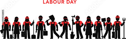 “Stylized silhouettes of diverse workers with Labour Day text symbolizing unity, contribution, industry, solidarity, empowerment, and global recognition of labor”